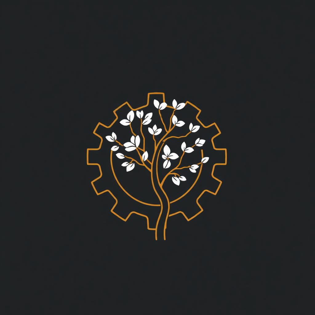 Icône au trait doré représentant un engrenage industriel se transformant en arbre florissant.