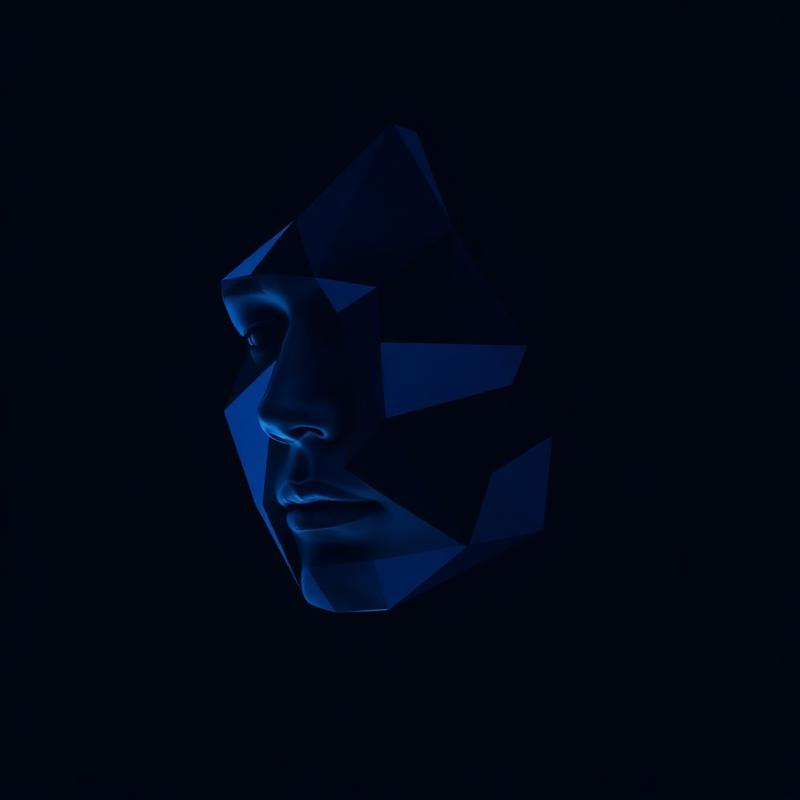 Portrait géométrique aux teintes bleu électrique composé de polygones superposés.