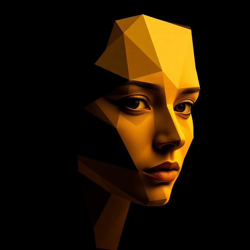 Portrait géométrique aux teintes dorées composé de polygones superposés.